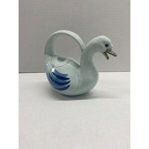 Takahashi Swan Teapot 8"‎ Hand Painted Porcelain Blue White Gold Trim Japan